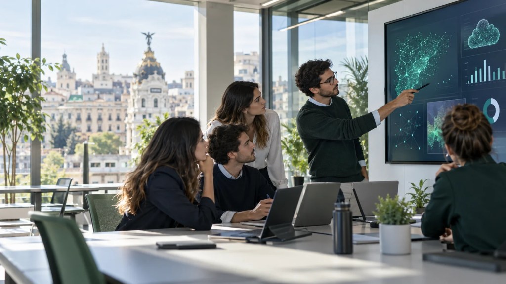 Profesionales jóvenes analizando datos y tecnología en una oficina moderna de Madrid