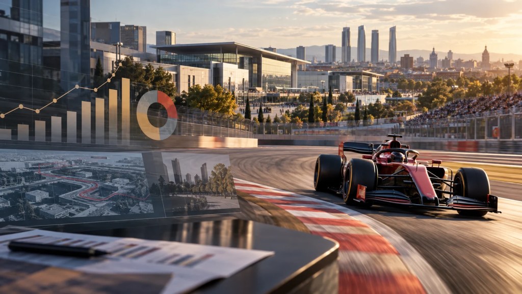 Monoplaza genérico en un circuito urbano de Madrid junto a gráficos de análisis económico