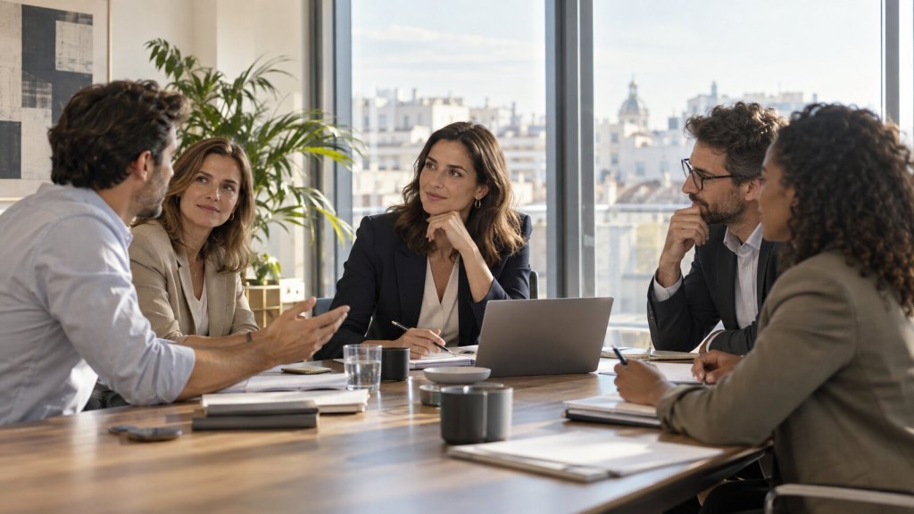 Equipo profesional colaborando con confianza bajo un liderazgo positivo