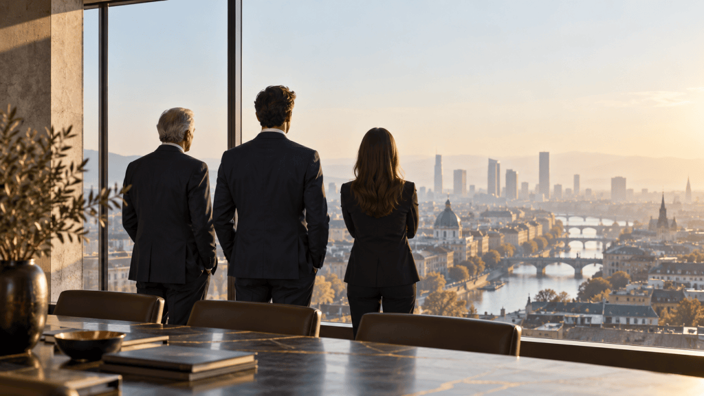 Tres generaciones de una empresa familiar observan una ciudad europea desde una sala de reuniones