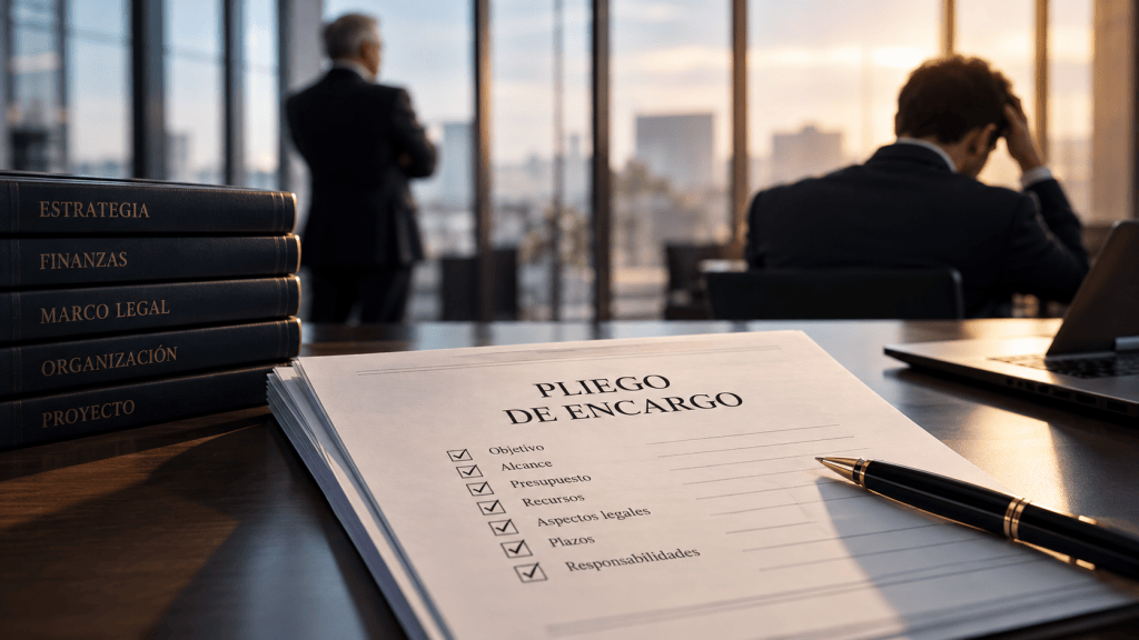 Pliego de encargo sobre mesa de dirección y dos ejecutivos en una oficina